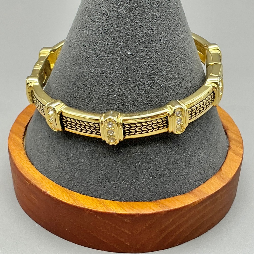 Bangle Bracelet Women Gold Tone Rhinestone Wheat Pattern Hinge Clasp Jewelry